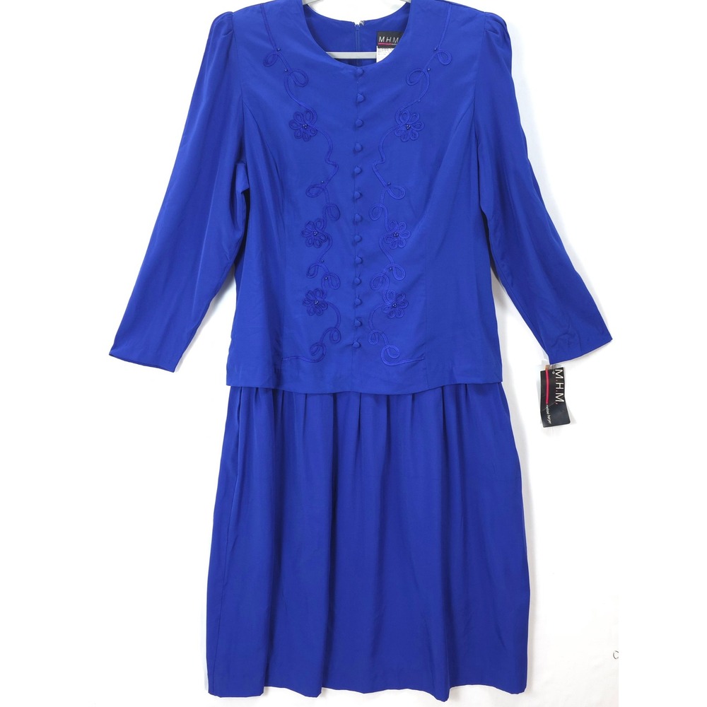 Royal Blue Embroidered Beaded‎ Dress Modest Vtg 90s Women 18 Church Mature